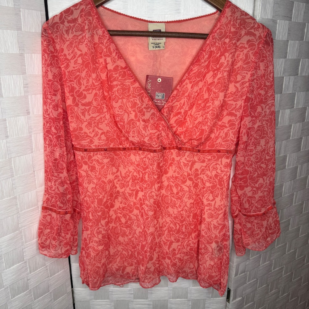 Faded Glory Coral Pink Boho Blouse Beaded Empire Waist Small 4/6 NWT